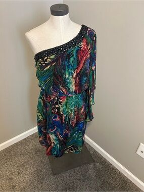 Bisou Bisou One-Shoulder Peacock-Print Dress in Green, Blue, Red